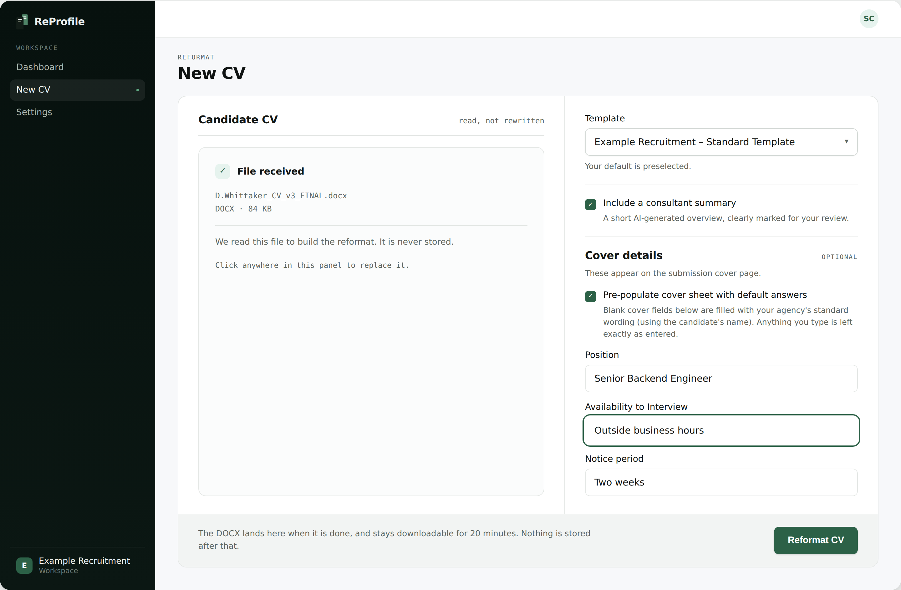 The ReProfile New CV screen: a candidate CV received on the left, template and cover details on the right.
